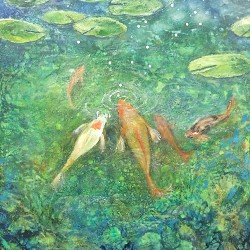 "Playing Koi", encaustic mixed media on wood panel, 24"x36"x 2", 2017