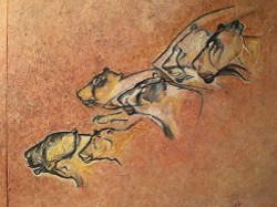 Detail of Cave Diptych after Chauvet (right panel). Acrylic paint, pastels, water colors, ink. 40h x 30w. (click to enlarge) Detail of Cave Diptych after Chauvet (right panel). Acrylic paint, pastels, water colors, ink. 40h x 30w.