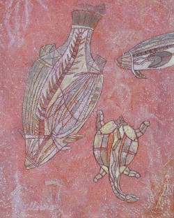 Fish after Prehistoric Australian Rock Art. Acrylic paint, pastels, water colors. 9w x 12h. (click to enlarge) Fish after Prehistoric Australian Rock Art. Acrylic paint, pastels, water colors. 9w x 12h.