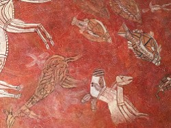 Detail from Rock ‘n’ Royals, after Prehistoric Australian Rock Art. Acrylic paint, pastels, water colors. 24w x 48h. (click to enlarge) Detail from Rock ‘n’ Royals, after Prehistoric Australian Rock Art. Acrylic paint, pastels, water colors. 24w x 48h.