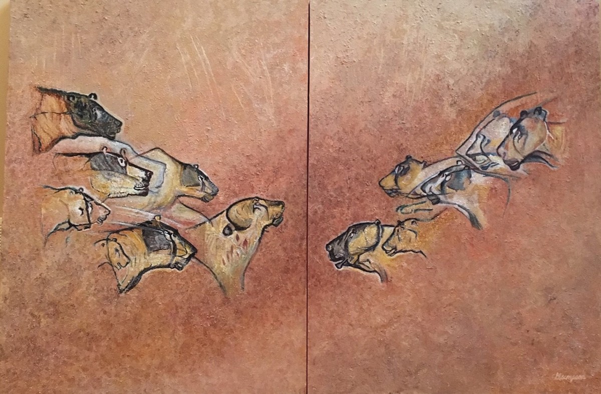 Chauvet Bears and Cats Diptych, after Chauvet Cave paintings in France by CarolLyn Simpson
