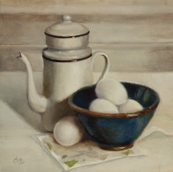 "Coffee and Eggs" oil on wood panel, 8 x 8 inches