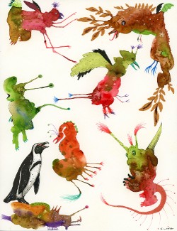 "Endangered Kingdom meets Splotch Monster Island series, 6: South African Penguin", 11" x 8.5", watercolor, archival pen and marker on wc paper, 2016 (click to enlarge) "Endangered Kingdom meets Splotch Monster Island series, 6: South African Penguin", 11" x 8.5", watercolor, archival pen and marker on wc paper, 2016