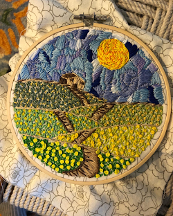 "Yellow Flowered Road" - 8" round - embroidery