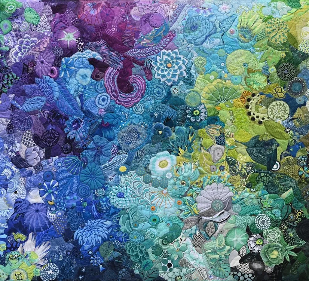 "Abundance" - 43" x 39" - Fabric wall art in organic color collage by Carly Mul