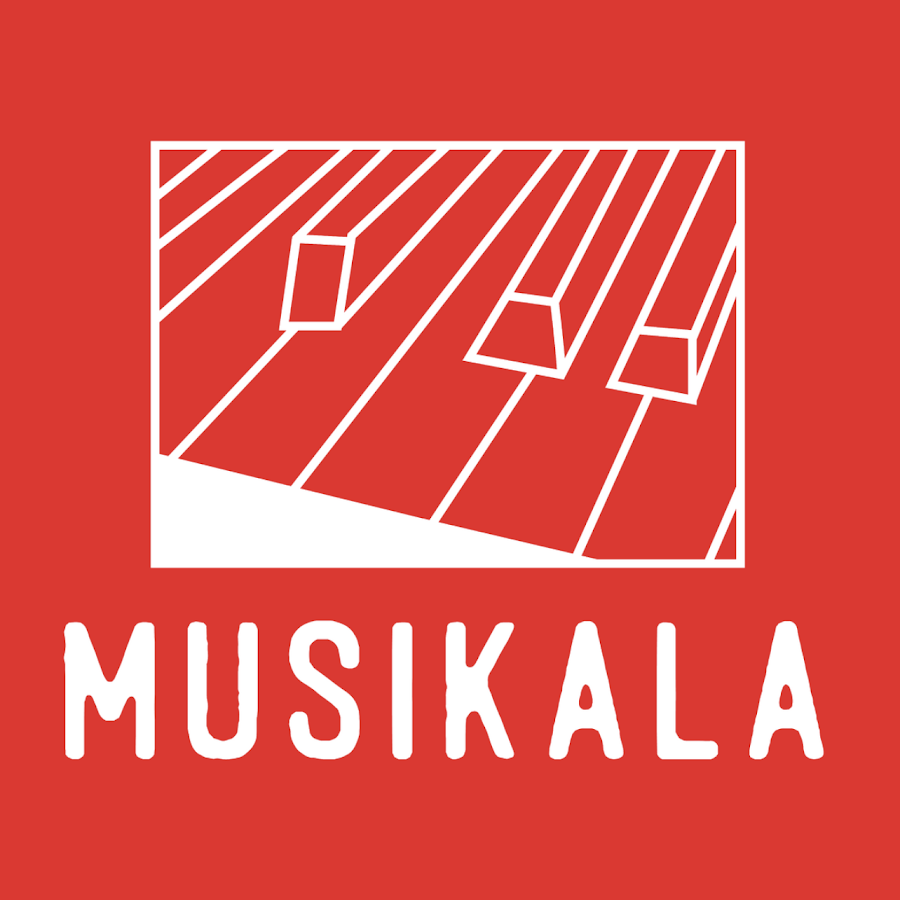 An image of white outlined piano keys on a red background with the organization name, Musikala, in white type beneath.